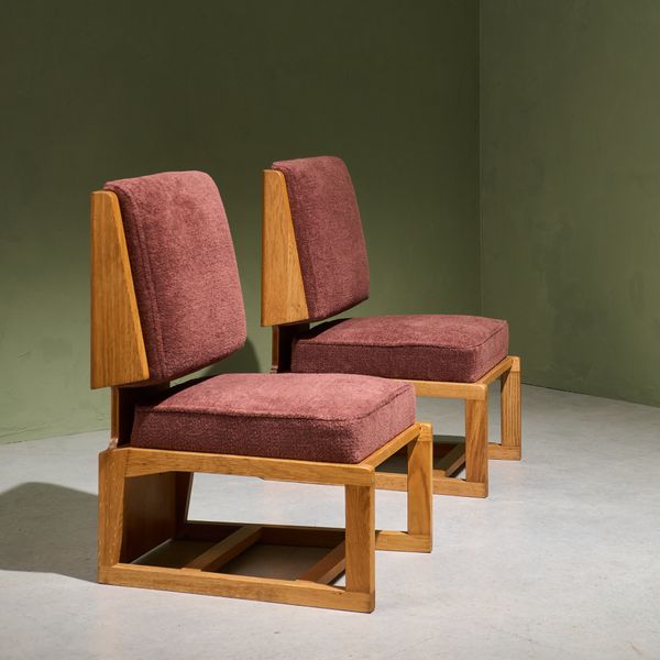 Reupholstered Pair of Cubist Slipper Lounge Chairs in Solid Oak, France 1970s