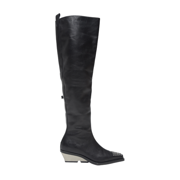 Black Studded Leather Thigh High Boots