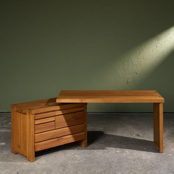 Early Writing Desk Model 'B19' with Return in Solid Elm by Pierre Chapo, France, 1970s/1980s
