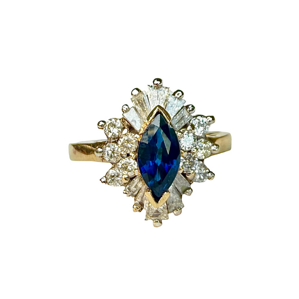 Vintage 14k Yellow Gold Marquise Blue Sapphire & Diamond Halo Ring
