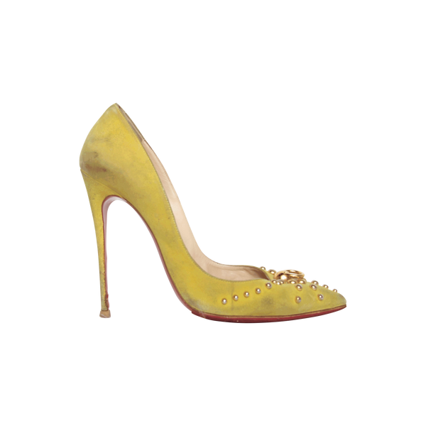 Christian Louboutin Chartreuse Suede Studded Accent Pumps