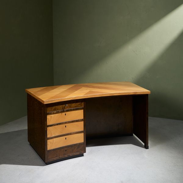 Curved Desk with Geometric Inlayed Top, Sweden, 1930s