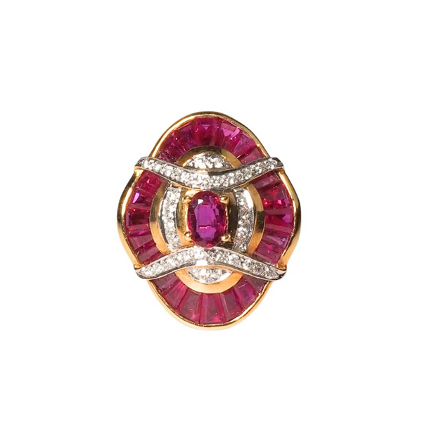 Vintage 18k Yellow Gold Ruby & Diamond Art Deco Cocktail Ring