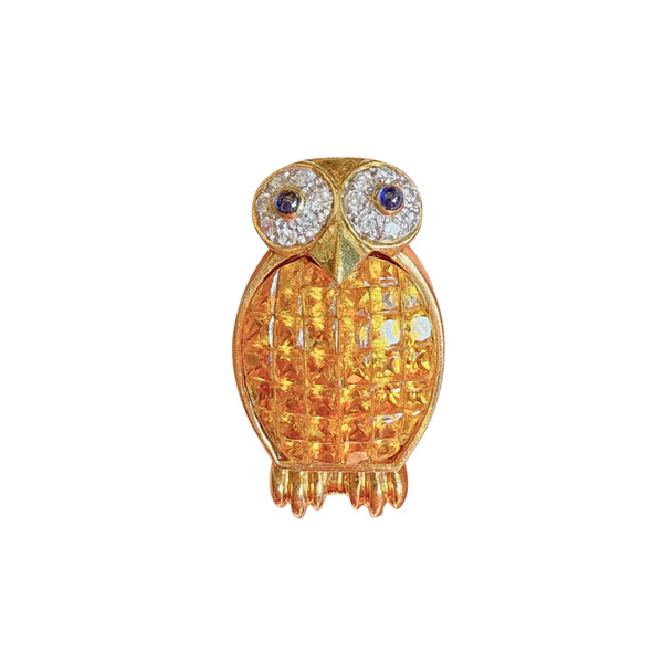 Vintage 18k Yellow Gold Owl Brooch with Sapphires & Diamond