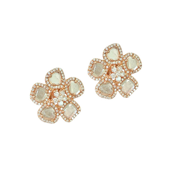 14k Rose Gold Sliced Diamond Flower Stud Earrings