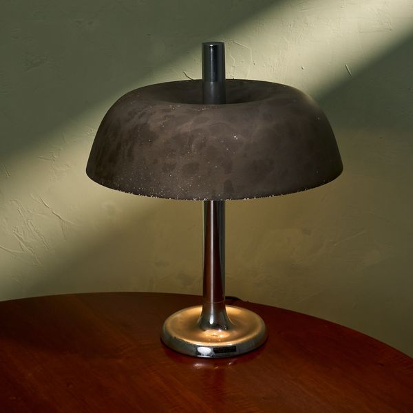 Large Table Lamp with Patinated Shade and Chrome Plated Metal Base by Heinz F.W. Stahl for Hillebrand, Germany 1960s