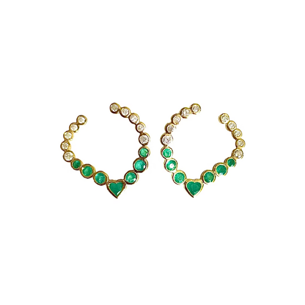 14k Heart Emerald and Diamond Swoop Earrings