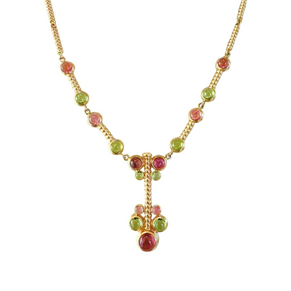 14k Italian Yellow Gold Pink & Green Tourmaline Cabochon Necklace