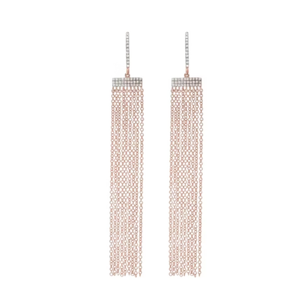 14k Rose Gold Diamond Bar and Tassel Chain Drop Earrings