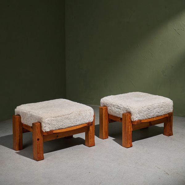 Pair of Large Ottomans in Solid Pine and Sheepskin Cushion, Sweden, 1950/1960s