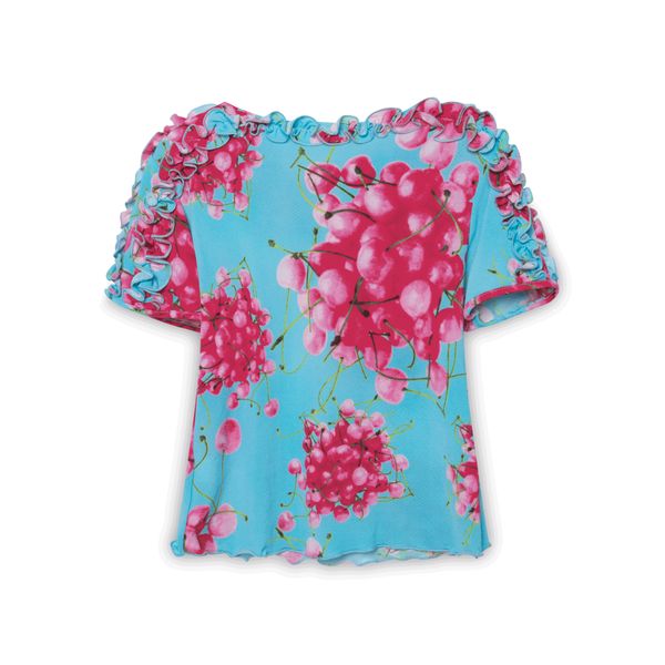 Y2K Cherry Print Ruffle Blouse