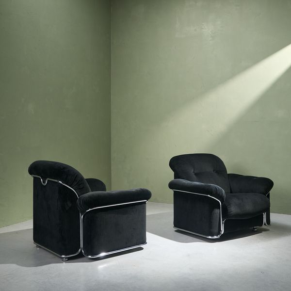 Oversized Lounge Chairs in Chromed Steel, Reupholstered in Black Corduroy Fabric, Italy 1970s