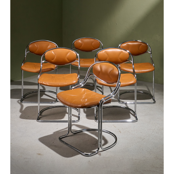 Cognac Leather Dining Chairs with Tubular Chrome Frame and Cognac Leather Seating, Italy 1970s