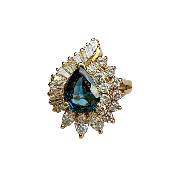 Vintage 14k Yellow Gold Pear Shaped Teal Sapphire and Diamond Spiral Halo Ring