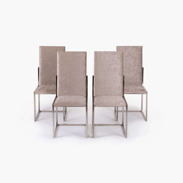 Set of Four Dining Chairs with Chrome Frame and Metallic Chenille Upholstery by Romeo Rega, 1970