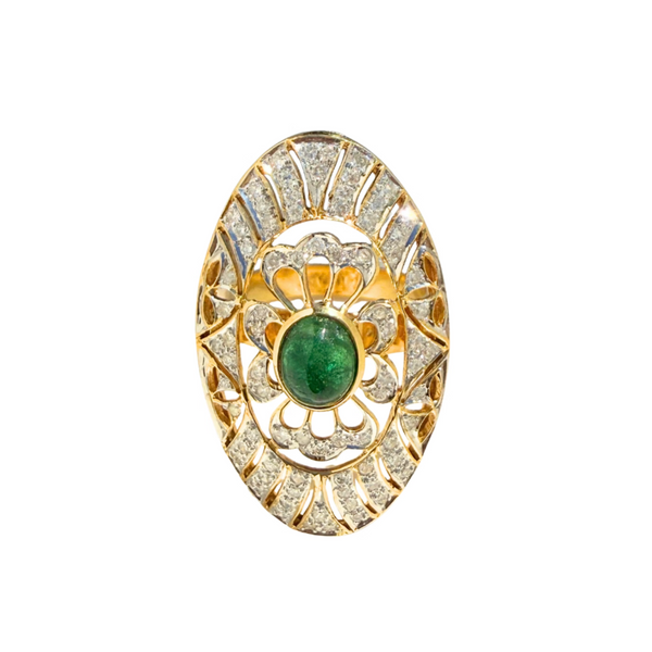 Art Deco 14k Yellow Gold Emerald Cabochon and Diamond Statement Ring
