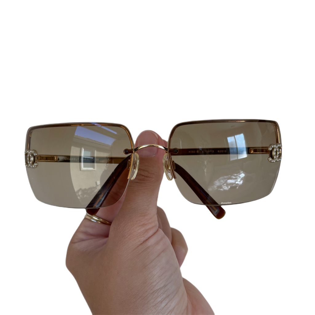 Chanel Sunglasses rhinestone Cocomark 4092-B clear × silver cloth &  case used