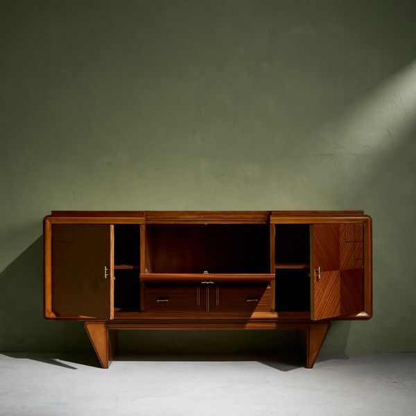 Graphical Sideboard with Inlayed Wooden Details and Brass, Italy, 1940s