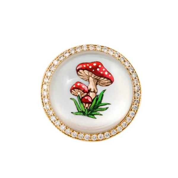 Jacquie Aiche Pavé Hand Painted Red Mushroom on Mother of Pearl Signet Ring
