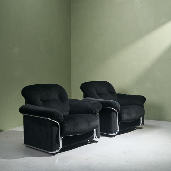 Oversized Lounge Chairs in Chromed Steel, Reupholstered in Black Corduroy Fabric, Italy 1970s