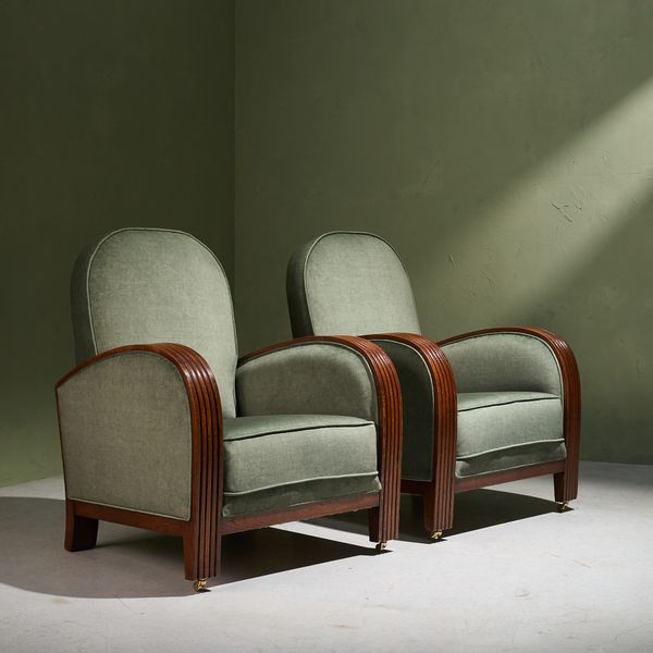 Pair of Art Deco Lounge Chairs in Sage Upholstery and Solid Oak Frame, The Netherlands 1930s