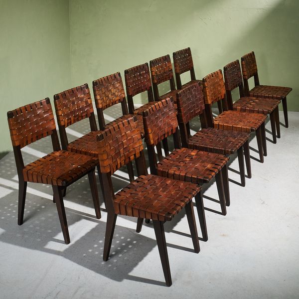 Set of 12 Chairs in Patinated Cognac Leather and Stained Oak by Jens Risom, United States, late 1940s