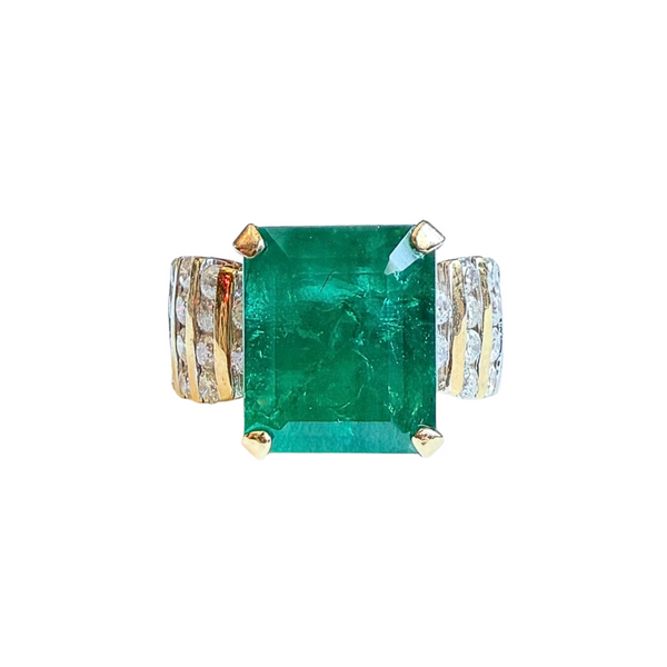 Vintage 14k Yellow Gold Emerald-Cut Emerald & Diamond Ring