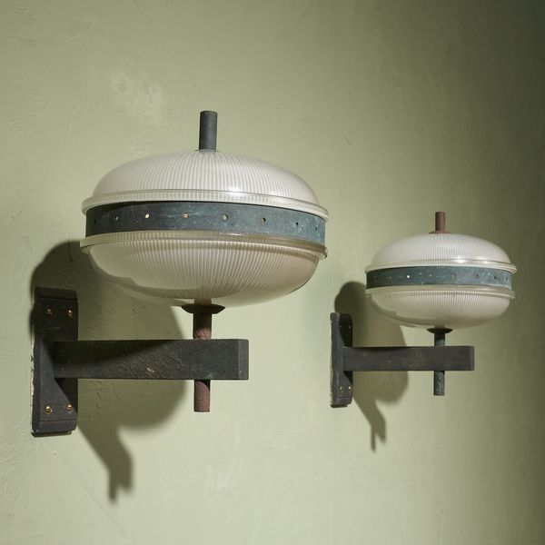 Pair of Wall Lights in Patinated Metal and Structured Glass, Italy 1960s