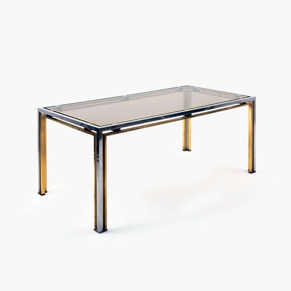 Dining Table in Chrome and Brass with Smoked Glass Top by Romeo Rega, 1970