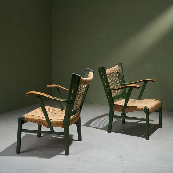 Pair of Green Lacquered Chestnut and Papercord Arm Chairs, Italy, late 1930s