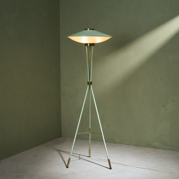 Sage Green Lacquered Floor Lamp with Brass Details for Stilnovo, Italy, 1955