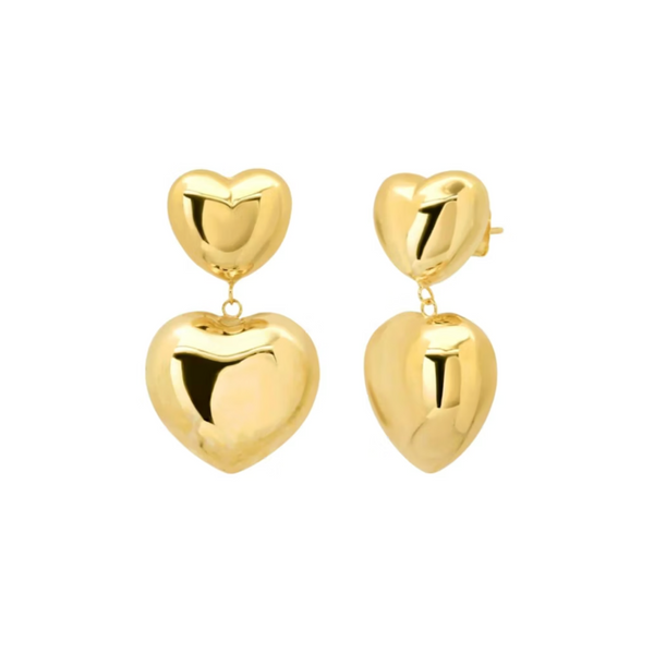 14k Yellow Gold Double Heart Puff Earrings