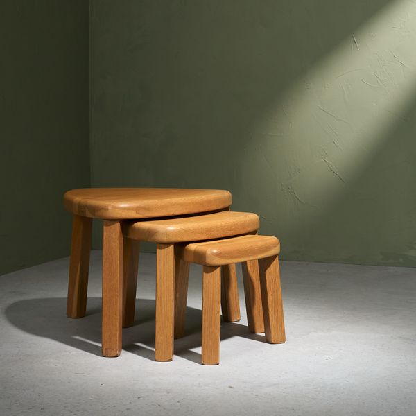 Set of 3 Triangular Shaped Nesting Tables in Solid Oak, Europe 1970s
