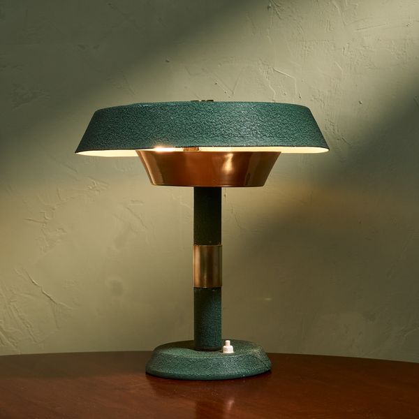 Rationalist Table Lamp in Green Lacquered Metal and Brass with Adjustable Shade, Italy 1950s