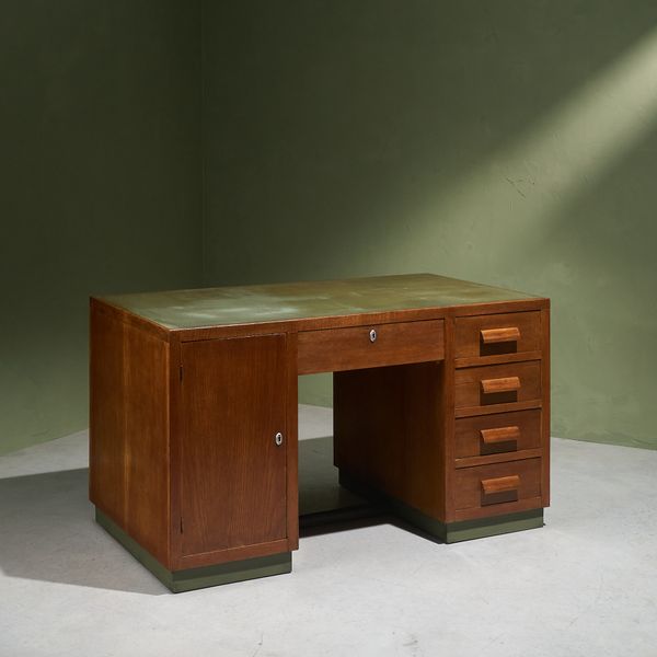 Desk in Oak with Green Linoleum Top and Base, Italy 1940s