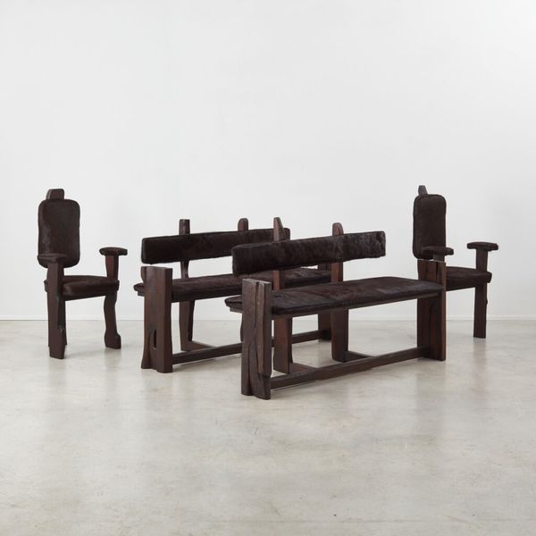 Brutalist Wooden Bench & Chairs Dining Set, France, 1970s