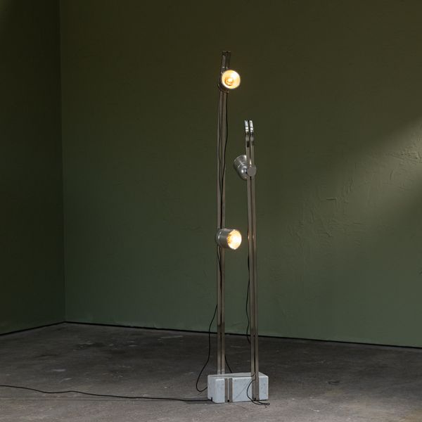 Large Floor Lamp with Chrome and Marble Base and Three Adjustable Light Fixtures by Lamperti, Italy, 1970s